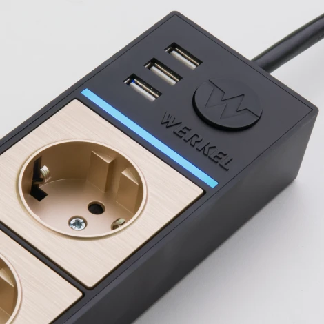 Розеточный блок 4-х местный + 3 USB черный/шампань рифленый W6514944 (a051462)