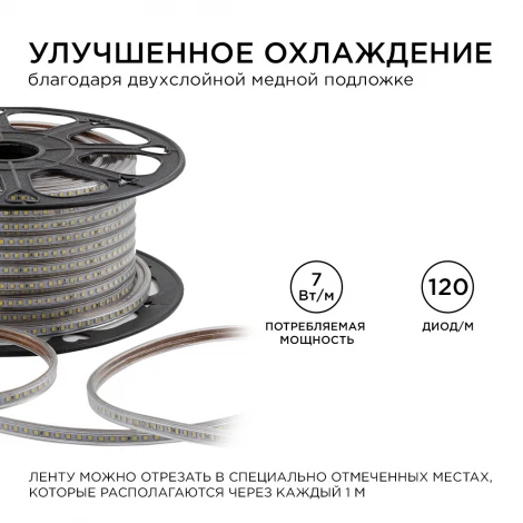 Светодиодная лента 220В 7Вт/м SMD2835 120д/м IP65 600лм/м 50м 6500К OGM O17-09