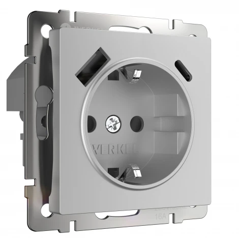 Розетка с заземлением, шторками и USB тип A+C Werkel W1171706 (серебряный)