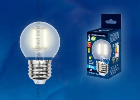 Лампочка светодиодная шар прозрачная E27 6W 3000K Uniel LED-G45-6W/WW/E27/FR PLS02WH