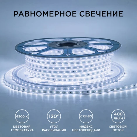 Светодиодная лента 220В 6Вт/м SMD2835 60д/м IP65 400Лм/м размер 10х7мм, 50м 6500К, оболочка из полупрозрачного ПВХ Apeyron 17-42