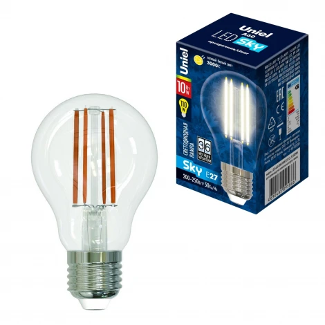 Лампочка светодиодная шар желтая E27 10W 3000K Uniel LED-A60-10W/WW/E27/CL PLS02WH