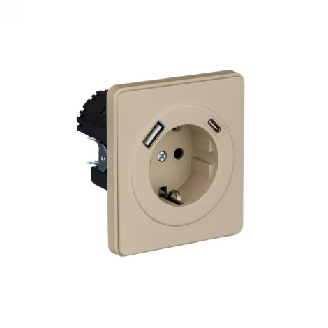 Розетка 1-ая с/з с/у з/ш 16А с USB A+C быстрой зарядки 5В/3А шелк Kranz Round KR-78-0704-7