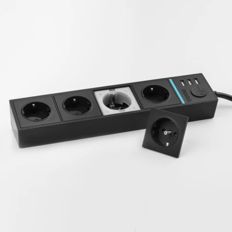 Розеточный блок 4-х местный + 3 USB черный W6514908 (a051459)