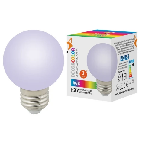 Лампочка светодиодная RGB шар белая E27 3W Volpe LED-G60-3W/RGB/E27/FR/С