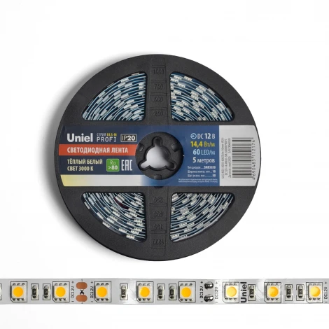 Светодиодная лента Uniel ULS-M25-5050-60LED/m-10mm-IP20-DC12V-14,4W/m-5M-3000K PROFI катушка в герметичной упаковке