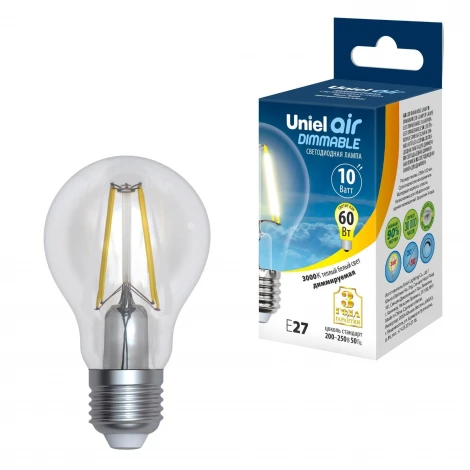 Лампочка светодиодная груша прозрачная E27 10W 3000K Uniel LED-A60-10W/3000K/E27/CL/DIM GLA01TR