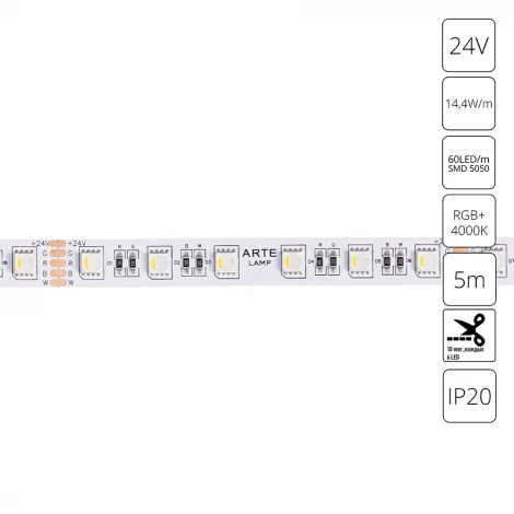 Светодиодная лента 24V 14,4W/m RGB+W 4000К 5м Arte Lamp Tape A2406012-01-RGB4K