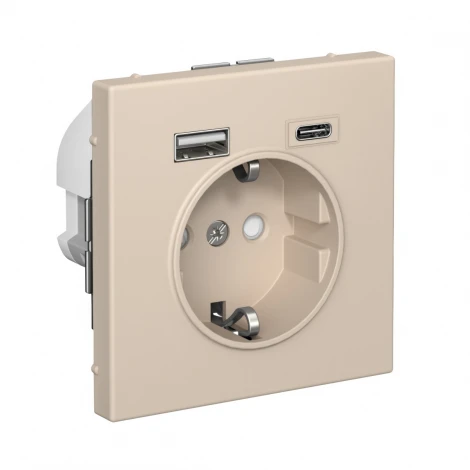 Розетка с заземлением, шторками и USB Type A+С (песочный) Systeme Electric GAL001232