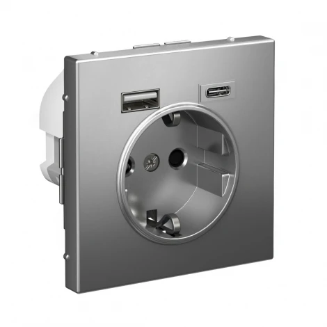 Розетка с заземлением, шторками и USB Type A+С (сталь) Systeme Electric GAL000932