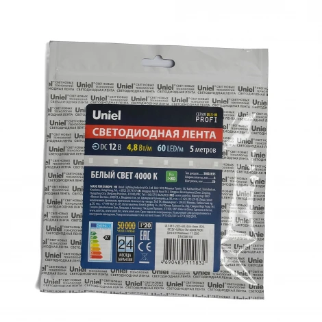 Светодиодная лента Uniel ULS-M11-2835-60LED/m-8mm-IP20-DC12V-4,8W/m-5M-4000K PROFI катушка в герметичной упаковке