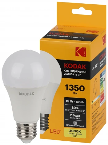 Светодиодная лампа Kodak LED A60-15W-830-E27 K 15Вт груша теплый белый свет Е27 (Б0057608)