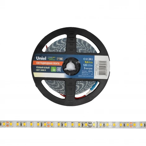 Светодиодная лента Uniel ULS-2835-120LED/m-8mm-IP20-DC24V-9,6W/m-5M-3000K катушка в герметичной упаковке