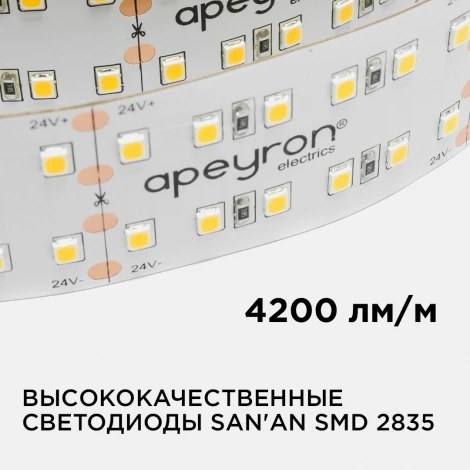 Светодиодная лента 24В ПРО 42Вт/м SMD2835 240д/м IP20 4200Лм/м ширина подложки 30мм, 5м 3000К Apeyron 00-306