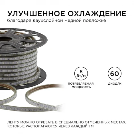 Светодиодная лента 220В 8Вт/м SMD5050 60д/м IP65 50м RGB OGM O17-10