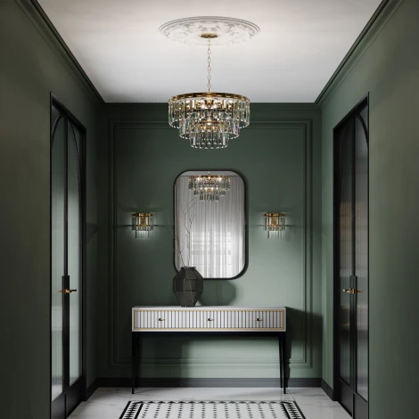 Подвесная люстра Wi-Fi каскадная Elegante 10130/8 золото Eurosvet (220V, хрусталь, управление смартфоном, голосовое управление, умный дом - Minimir Home, Алиса, Маруся, Салют, на цепи)