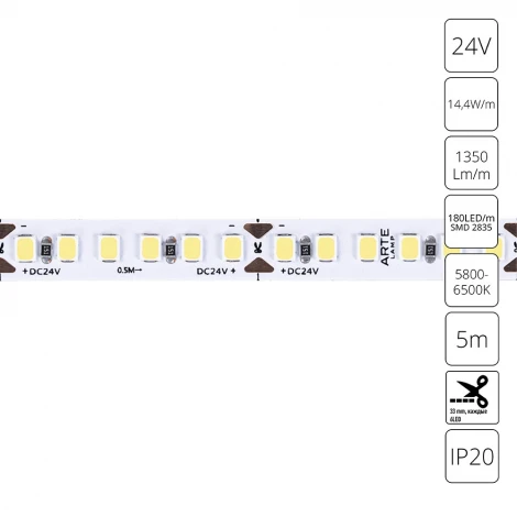 Светодиодная лента 24V 14,4W/m 6000К 5м Arte Lamp Tape A2418008-03-6K