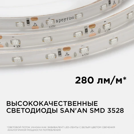 Светодиодная лента 12В СТ 4,8Вт/м SMD3528 60д/м IP65 ширина подложки 8мм, 5м зеленый Apeyron 00-07