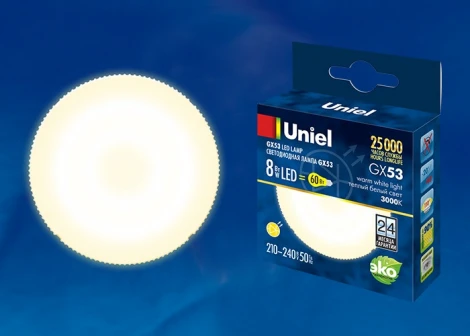 Лампочка светодиодная таблетка белая GX53 8W 3000K Uniel LED-GX53-8W/WW/GX53/FR PLZ01WH