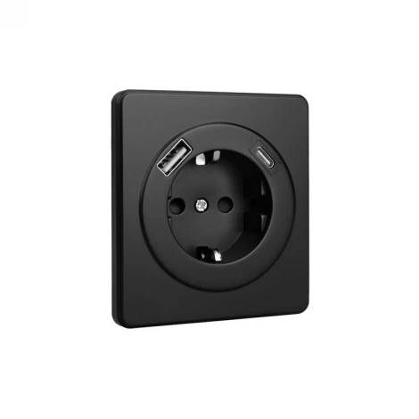 Розетка 1-ая с/з с/у з/ш 16А с USB A+C быстрой зарядки 5В/3А оникс Kranz Round KR-78-0704-3