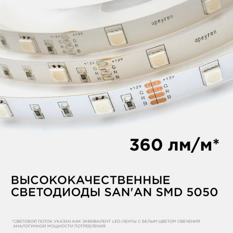 Светодиодная лента 12В СТ 7,2Вт/м SMD5050 30д/м IP20 ширина подложки 10мм, 5м, RGB Apeyron 00-38