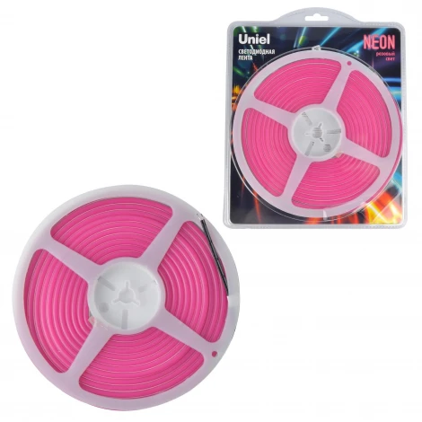 Гибкая светодиодная лента катушка 5м, розовый свет Uniel Neon ULS-N01-2835-120LED/m-6mm-IP67-DC12V-9W/m-5M-PINK блистер