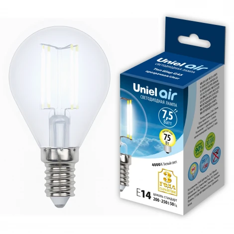Лампочка светодиодная груша прозрачная E14 7,5W 4000K Uniel LED-G45-7,5W/NW/E14/CL GLA01TR