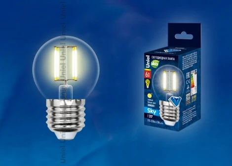 Лампочка светодиодная шар прозрачная E27 6W 3000K Uniel LED-G45-6W/WW/E27/CL PLS02WH