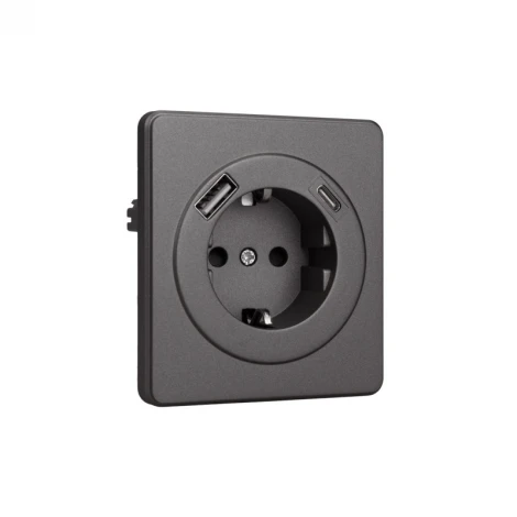Розетка 1-ая с/з с/у з/ш 16А с USB A+C быстрой зарядки 5В/3А титан Kranz Round KR-78-0704-2