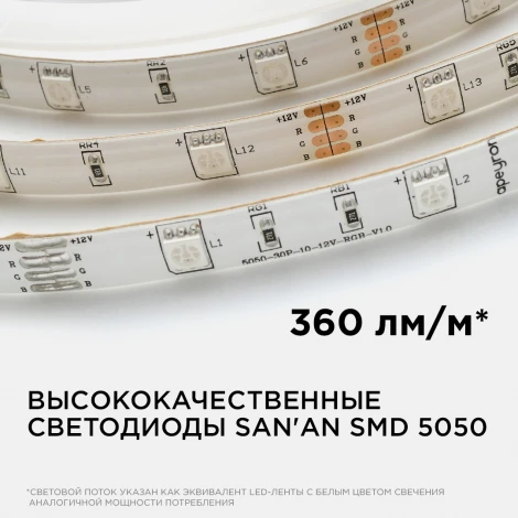 Светодиодная лента 12В СТ 7,2Вт/м SMD5050 30д/м IP65 ширина подложки 10мм, 5м RGB Apeyron 00-41