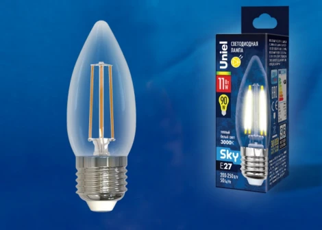 Лампочка светодиодная свеча прозрачная E27 11W 3000K Uniel LED-C35-11W/3000K/E27/CL PLS02WH