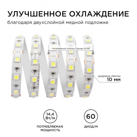 Светодиодная лента 12В СТ 14,4Вт/м SMD5050 60д/м IP20 700Лм/м ширина подложки 10мм, 5м 3000К Apeyron 00-16