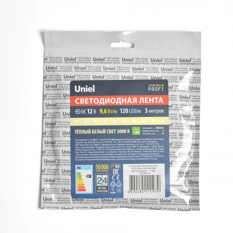 Светодиодная лента Uniel ULS-M13-2835-120LED/m-8mm-IP20-DC12V-9,6W/m-5M-3000K PROFI катушка в герметичной упаковке