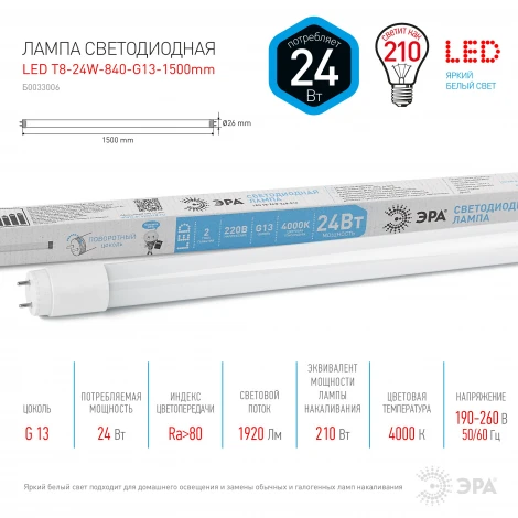 Лампочка светодиодная G13 24W ЭРА LED T8-24W-840-G13-1500mm