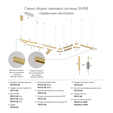 Коннектор прямой для трека Denkirs Shine Base TR5722-SB 48V сатинированная латунь