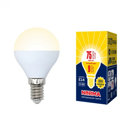 Лампочка светодиодная шар белая E14 9W 3000K Volpe LED-G45-9W/WW/E14/FR/NR