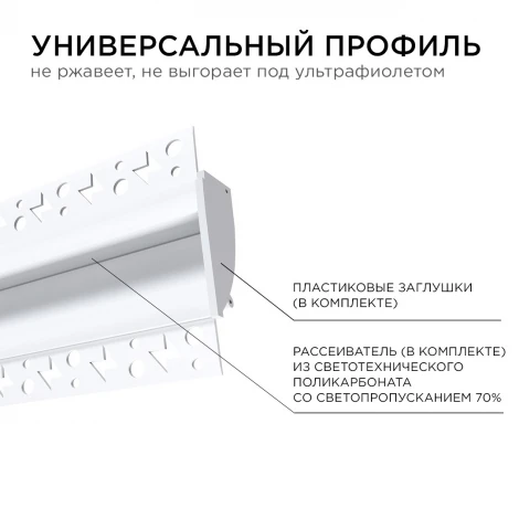 Профиль алюминиевый для светодиодной ленты под штукатурку, белый 2,5 метра, шир. ленты до 14мм, (рассеиватель белый матовый, заглушки - 2шт.) Apeyron 08-44