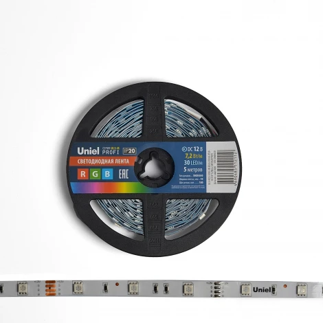 Светодиодная лента Uniel ULS-M22-5050-30LED/m-10mm-IP20-DC12V-7,2W/m-5M-RGB PROFI катушка в герметичной упаковке