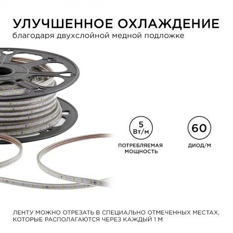 Светодиодная лента 220В 5Вт/м SMD2835 60д/м IP65 300лм/м 50м 4000К OGM O17-02