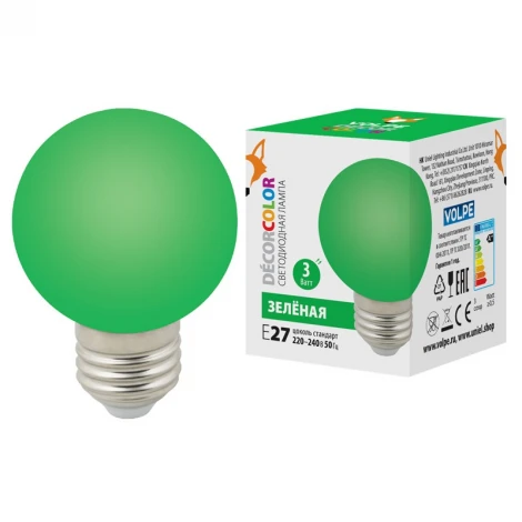 Лампочка светодиодная шар зеленая E27 3W Volpe LED-G60-3W/GREEN/E27/FR/С