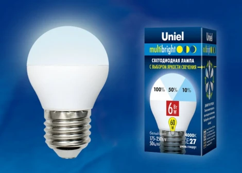 Лампочка светодиодная шар белая E27 6W 4000K Uniel LED-G45-6W/NW/E27/FR/MB PLM11WH