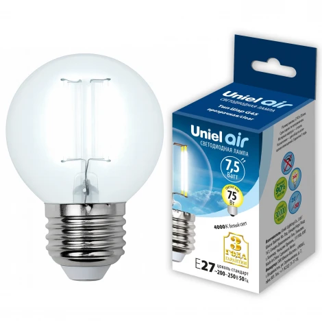 Лампочка светодиодная шар прозрачная E27 7,5W 4000K Uniel LED-G45-7,5W/NW/E27/CL GLA01TR