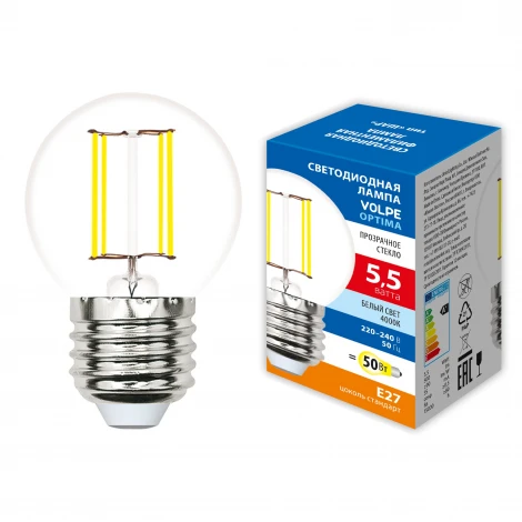 Лампа светодиодная, форма "шар", прозрачная, белый свет 4000K Volpe Optima Филамент LED-G45-5,5W/4000K/E27/CL/SLF