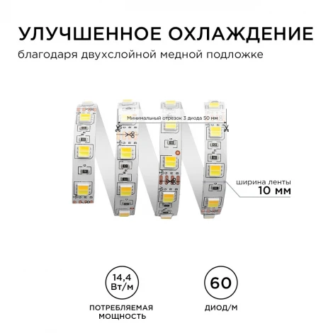 Светодиодная лента 12В СТ 14,4Вт/м SMD5050 60д/м IP20 700Лм/м ширина подложки 10мм, 5м 3000К+6500К Apeyron 00-116