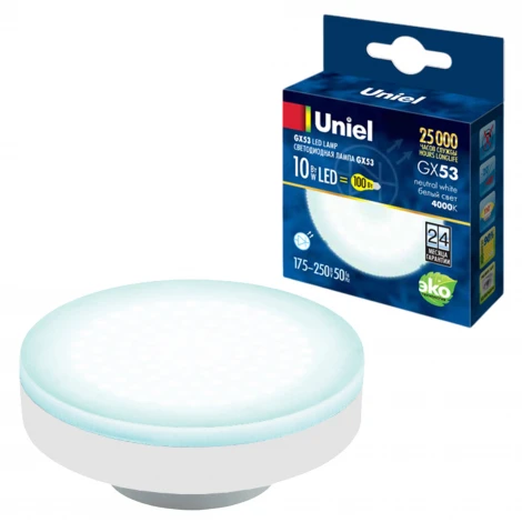 Лампочка светодиодная таблетка белая GX53 10W 4000K Uniel LED-GX53-10W/NW/GX53/FR PLZ01WH