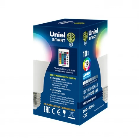 Лампочка светодиодная груша белая E27 10W 4000K Uniel LED-A60-10W/RGB/E27/REG PLS21WH
