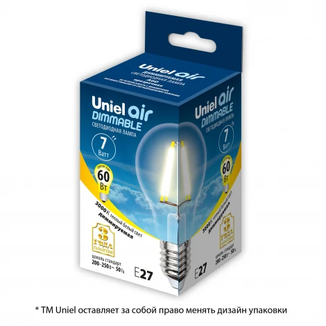 Лампочка светодиодная шар прозрачная E27 7W 3000K Uniel LED-A60-7W/WW/E27/CL/DIM GLA01TR