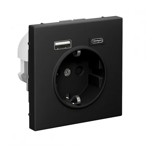 Розетка с заземлением, шторками и USB Type A+С (карбон) Systeme Electric GAL001032