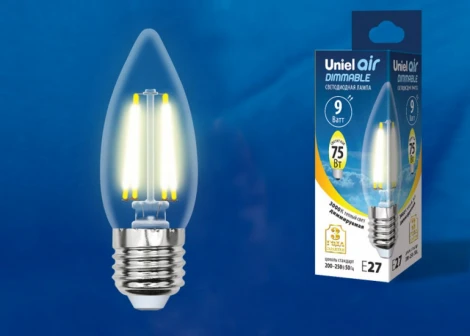 Лампочка светодиодная свеча прозрачная E27 9W 3000K Uniel LED-C35-9W/3000K/E27/CL/DIM GLA01TR