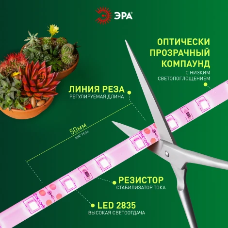 Светодиодная лента для растений 12V 3м ЭРА FITO-Strip Light-RB-27W-3m-12V-IP65